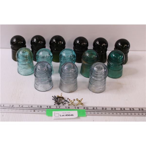 (14) Glass Insulators: Green, Blue, Clear & Set of Jacks