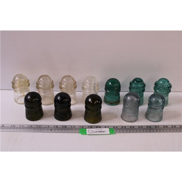 (12) Glass Insulators: Green, Blue, Clear, Light Blue