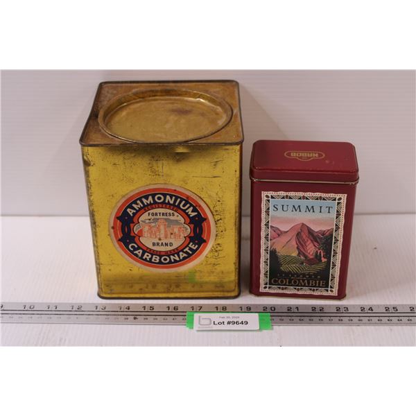 (2) Vintage Collector Tins: Ammonium Carbonate & Summit Nabob Coffee Tin