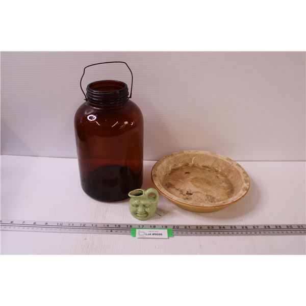 Medalta 9" Pie Plate, Brown Hanging Jug - 10.5" x 6", Man in The Moon Miniature Pitcher