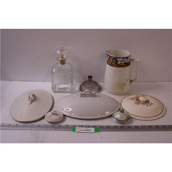 (6) Vintage Lids (Assorted), Glass Decanter, Village Ceramic Pitcher