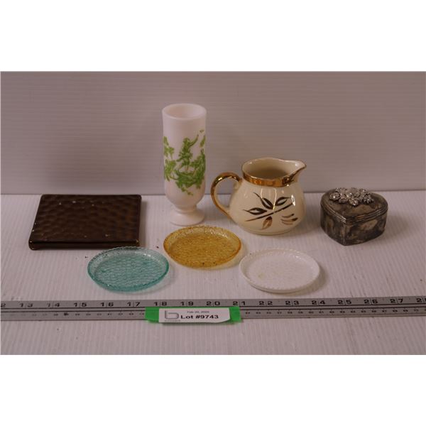 (3) Vintage Coasters, Silver Plated Trinket Heart Box, Milk Glass Vase, Ceramic Coaster