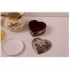 Image 2 : (3) Vintage Coasters, Silver Plated Trinket Heart Box, Milk Glass Vase, Ceramic Coaster