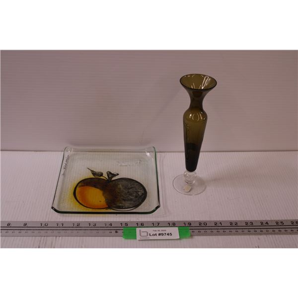 Smoky Glass Vase - 8" Tall & Apple Glass Serving Tray - 7" Diameter