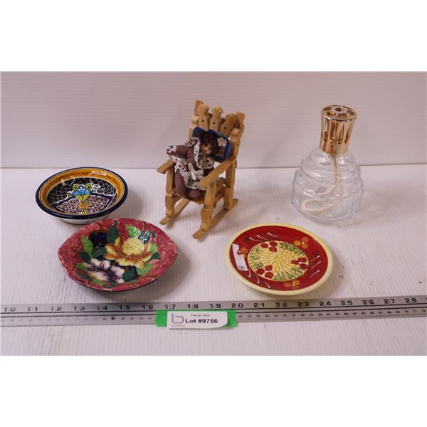 (3) Pottery Candy Dishes, Custom Rocking Chair, Oil Lamp