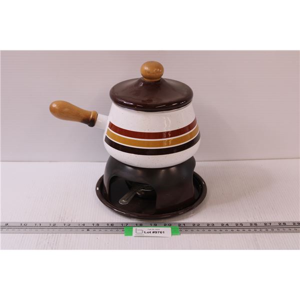 Vintage Enamel Fondue Pot & Stand - 11" Tall