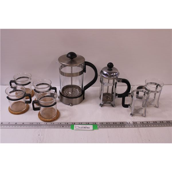 French Press Coffee Carafes & (6) Glass Coffee Mugs & (4) Cork Coasters