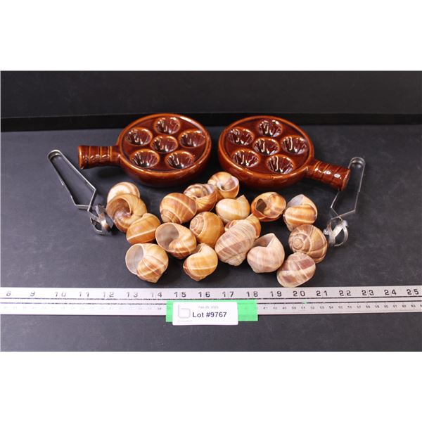 (2) Escargot Ceramic Dishes & Spoons Set w/ Snail Shells