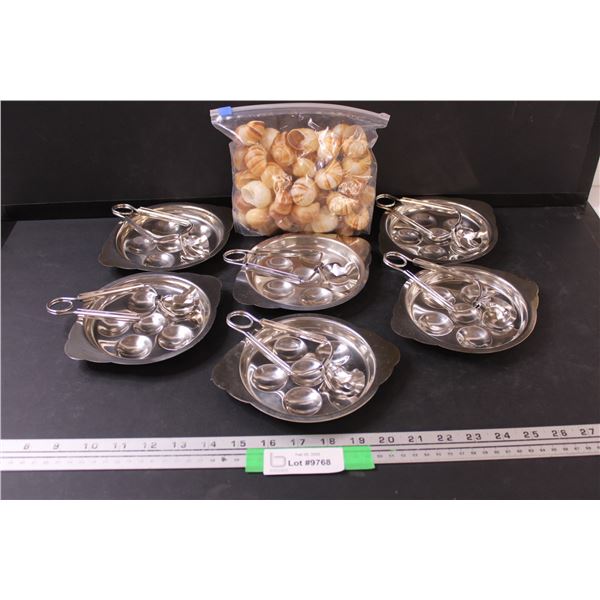 (6) Stainless Steel Escargot Dishes & Spoons Set w/ Snail Shells