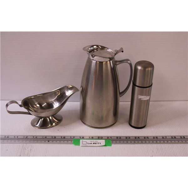 Stainless Steel Lot: Gravy Boat, Coffee Pot, Spray Bottle (Oil or Vinegar)