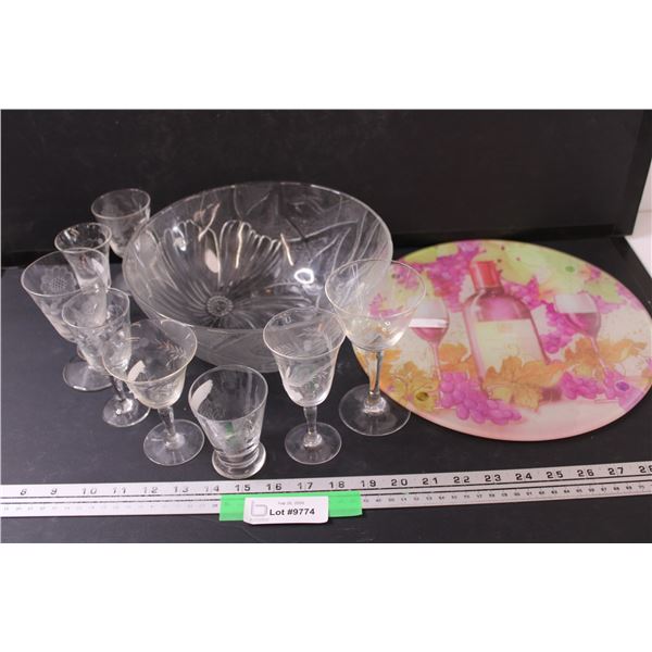 (8) Etched Glass Liquor Glasses & Glass Bowl & Glass Wine Cheese Board