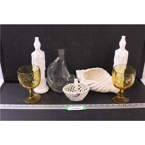 (2) Avon Lady Soap Decanters, Brides Basket from Italy, (2) Amber Goblets, Seashell Floral Holder, &