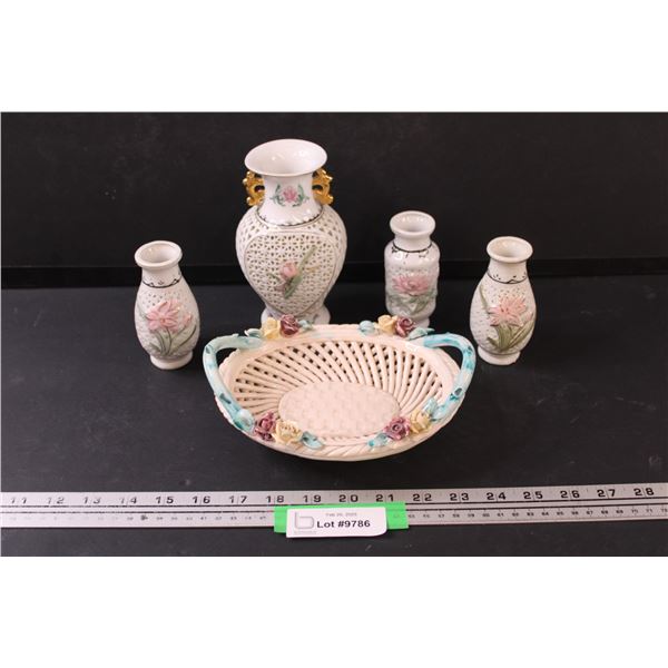 Porcelain Lattice Basket - 8" & (4) Chinese Porcelain Vases - Various Sizes