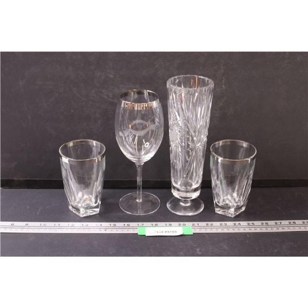 Crystal Pinwheel Vase - 10" Tall & (2) Silver Tipped Glasses & Silver Tipped Wine Glass