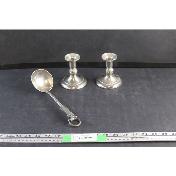 Vintage Pewter Candle Stick Holders and Norwegian Pewter Spoon - Made in Holland