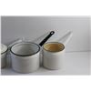 Image 2 : Antique Enamel Milk or Cream Carrying Jug, Vintage Enamel Black & White Double Boiler and Enamel Pot