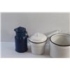 Image 3 : Antique Enamel Milk or Cream Carrying Jug, Vintage Enamel Black & White Double Boiler and Enamel Pot