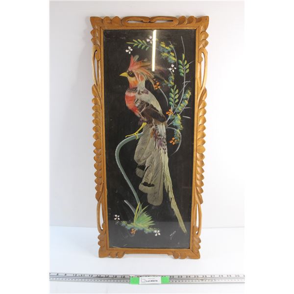 Vintage Feather Craft Art Carved Wooden Frame Mexican Art 30'' x 13''