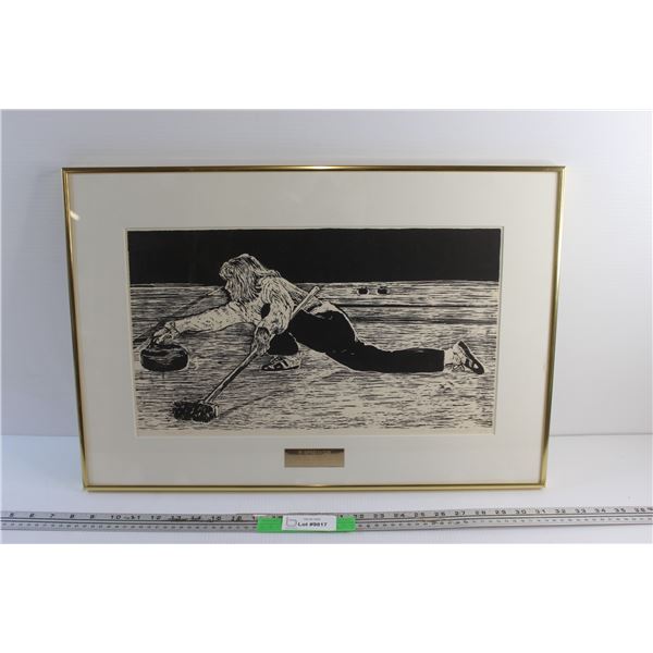 Framed Wilf Perreau 1989 Wood Cut Curling Numbered Print 18/59 - 24'' x 16''