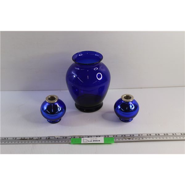 Cobalt Blue Glass Vase with Blue Mercury Glass Candle Holders