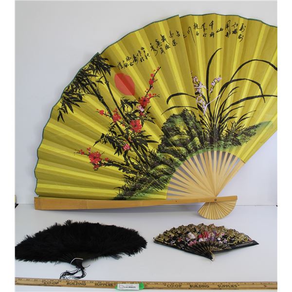 Vintage Japanese Wood & Paper Hand Fan, Ostrich Dyed Black Feather Fan, Floral Design Cloth Hand Fan