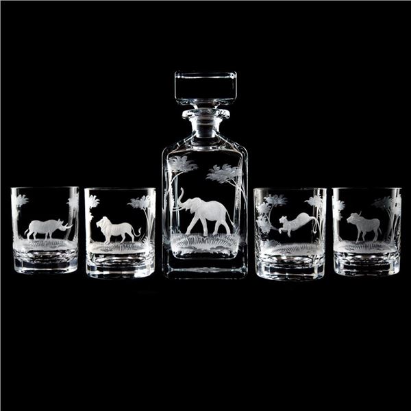 Queens Lace Crystal Big Five Decanter and Highball Glass Set