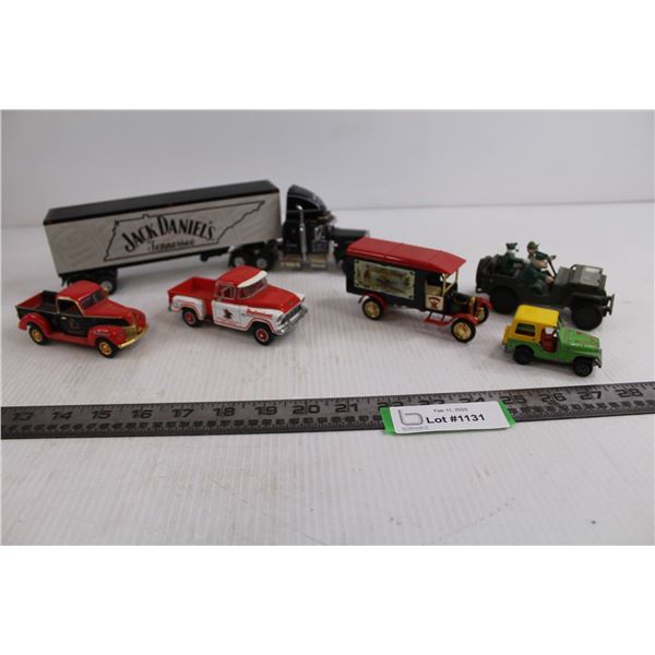 (6) Miniature Vehicles (Jack Daniel's Tennessee Semi, 3 Budweiser Trucks, Military Jeep, Jeep)