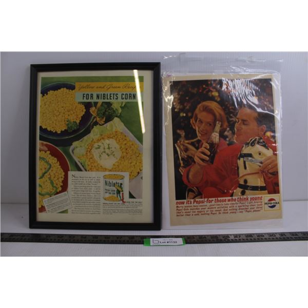 Plastic Framed Green Giant Niblets Corn Advertisment 12" x 15", Vintage Pepsi Advertisement