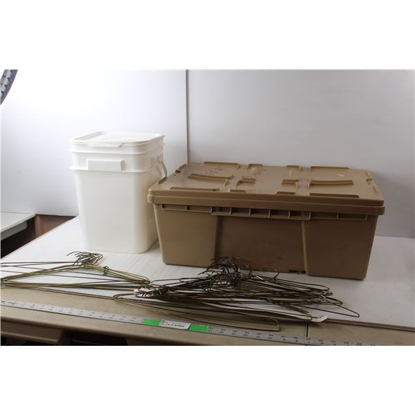 Sher-Pak Plastic Tote with Lid, Ropak Plastic Pail with Lid, Metal Hangers