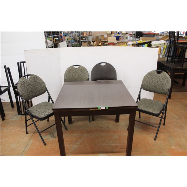 ** Extending Dining Table- 36'' x 36'' x 29'', 66.5'' Extended w/ (4) Folding Chairs- Some Damage