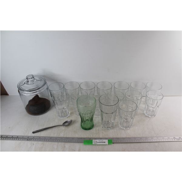 (16) Drinking Glasses, Kitchen Canister Jar, Spoon