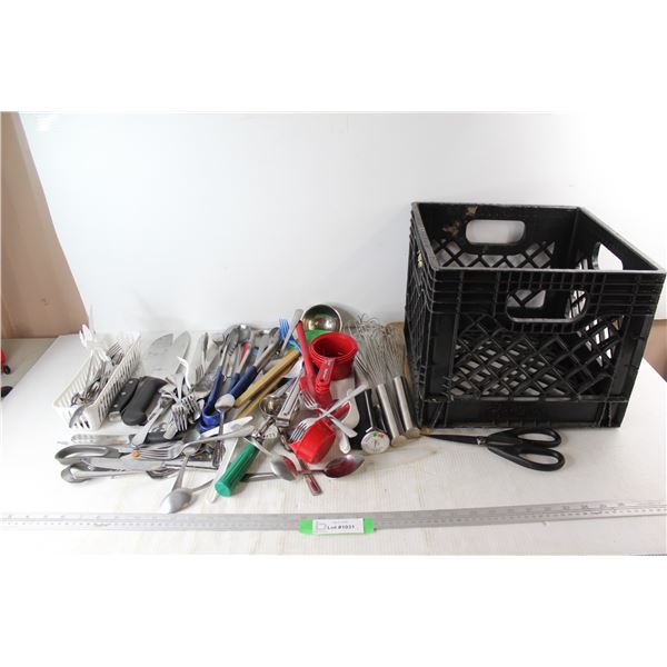 Kitchen Utensils, Spoons, Forks, Scissors, Misc., Milk Crate