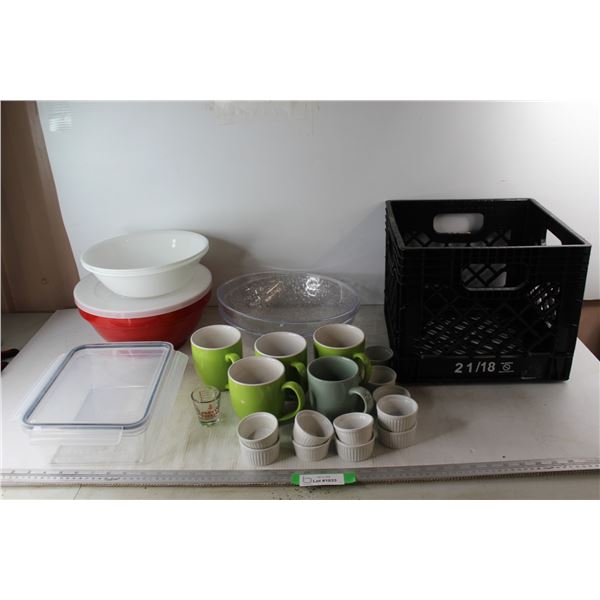 (11) Ceramic Dip Holders, (5) Different Sized Serving Bowls, Milk Crate, Misc.