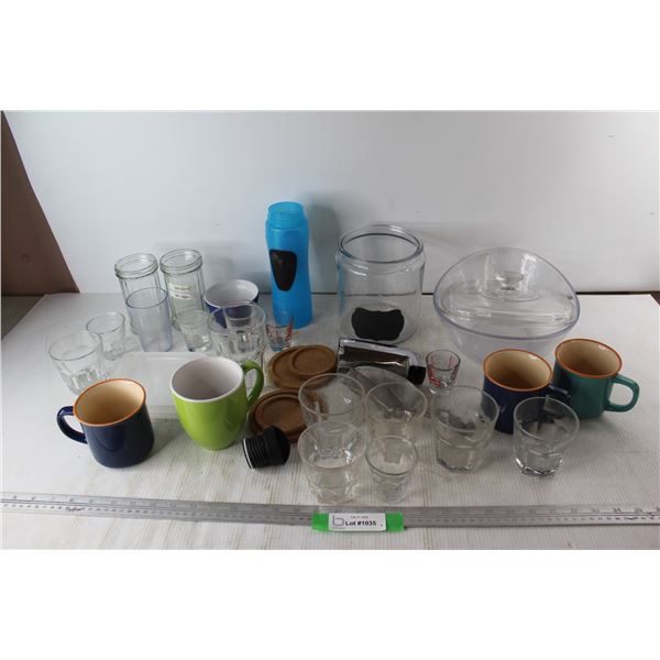 Kitchen Supplies, Drinking Glasses, Coffee Cups, Canister, Misc.