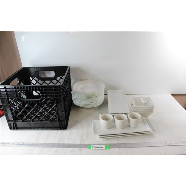 White Ceramic Dishes, Cups, Plates Bowls, Milk Crate