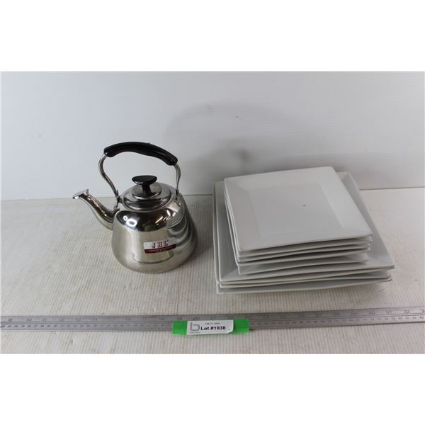 Stainless Steel Kettle, (2) Different Sized Ceramic Square Plates
