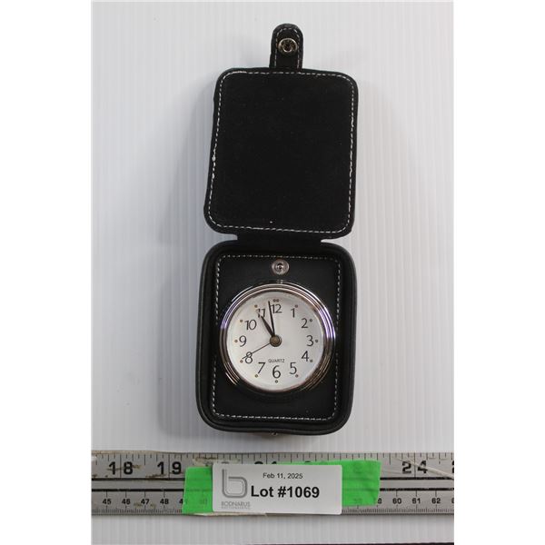 Travel Alarm Clock in Leather Case - New
