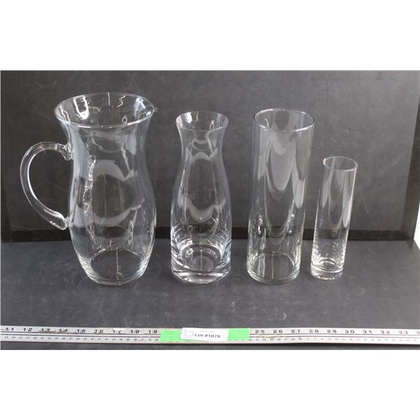 Glass Pitcher and (3) Glass Vases