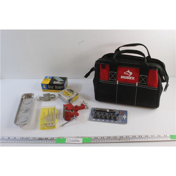 Husky Tool Bag, Magnetic Hardware Trays, Measuring Tape, Maxi Punch Set, Bench Vise and Misc.