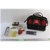 Image 1 : Husky Tool Bag, Magnetic Hardware Trays, Measuring Tape, Maxi Punch Set, Bench Vise and Misc.