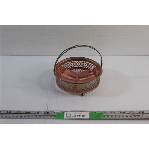 Divided Pink Depression Glass Tray and Metal Caddy