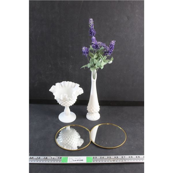 (2) Framed Round Mirrors, Milk Glass Vase, Footed Candy Dish and Artificial Flower
