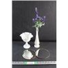 Image 1 : (2) Framed Round Mirrors, Milk Glass Vase, Footed Candy Dish and Artificial Flower