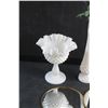 Image 3 : (2) Framed Round Mirrors, Milk Glass Vase, Footed Candy Dish and Artificial Flower