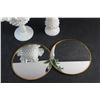 Image 4 : (2) Framed Round Mirrors, Milk Glass Vase, Footed Candy Dish and Artificial Flower