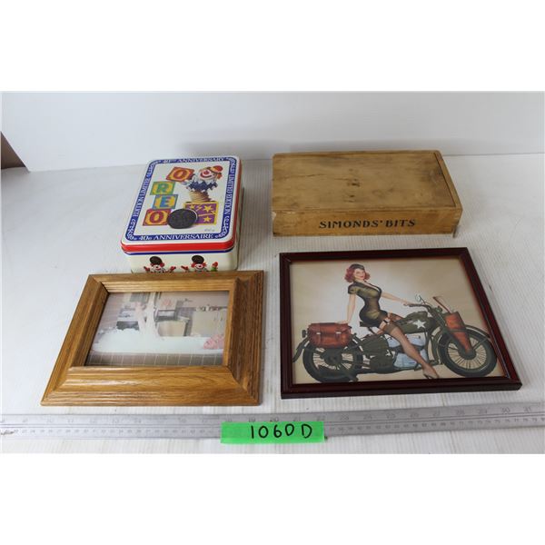 Oreo 40th Anniversary Tin, Simonds Bits Box w/ Sliding Lid, Lady On Motorcycle Picture, 10.5'' x 8.5