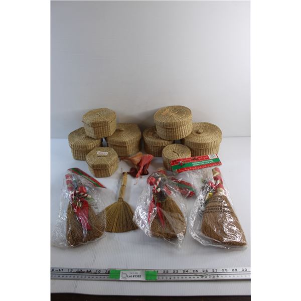 Christmas Decor and (8) Wicker Baskets with Lids