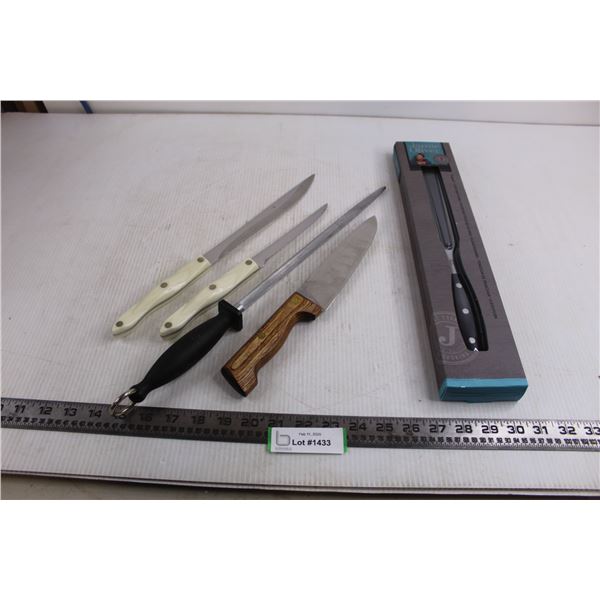 (3) Carving Knives, Knife Sharpener, Jamie Oliver Carving Fork NIB