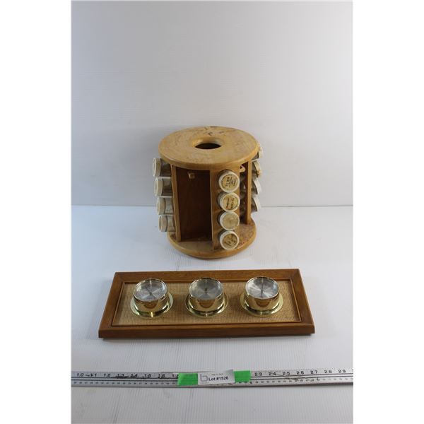 Wooden Spice Rack and 3-Piece Pressure Gauge Thermometer Barometer with Wooden Frame Base