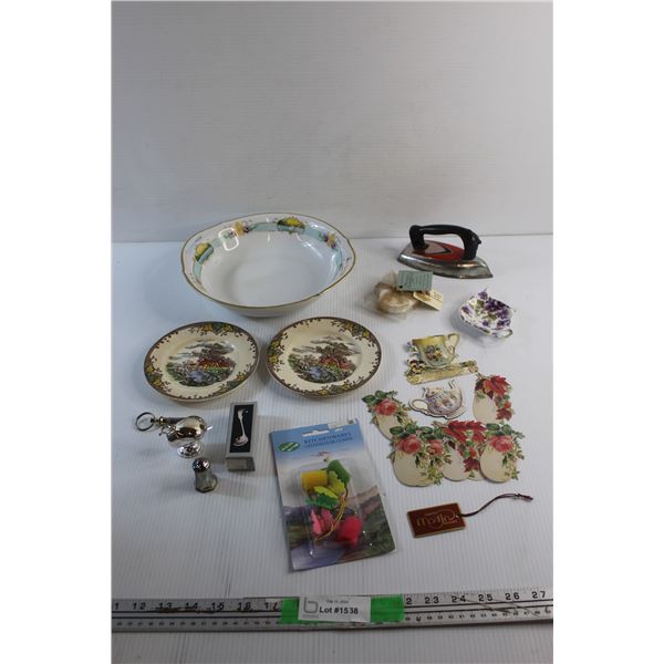 Tea Pot Drip Catchers, Decorative Ceramic Plates & Bowl, Key Chain, Vintage Iron and Misc.